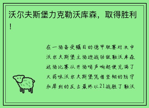 沃尔夫斯堡力克勒沃库森，取得胜利！