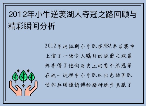 2012年小牛逆袭湖人夺冠之路回顾与精彩瞬间分析