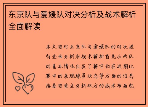 东京队与爱媛队对决分析及战术解析全面解读