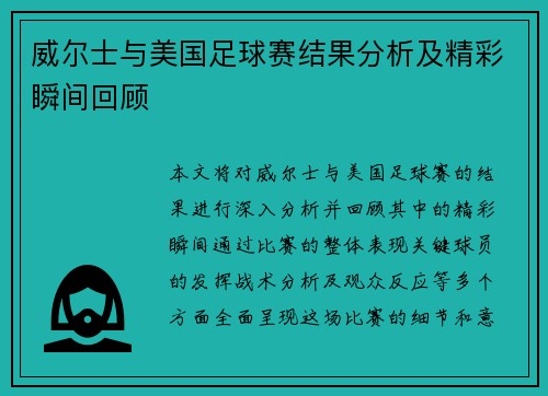 威尔士与美国足球赛结果分析及精彩瞬间回顾