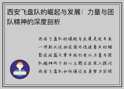 西安飞盘队的崛起与发展：力量与团队精神的深度剖析