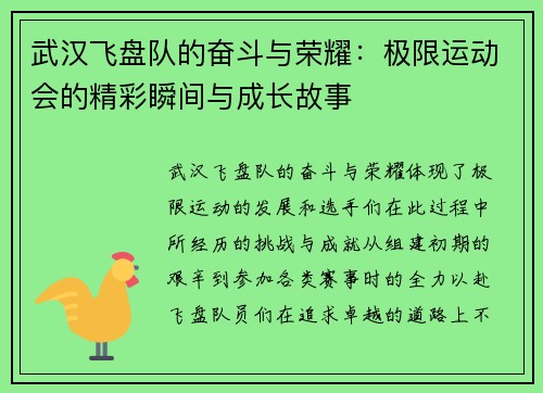 武汉飞盘队的奋斗与荣耀：极限运动会的精彩瞬间与成长故事