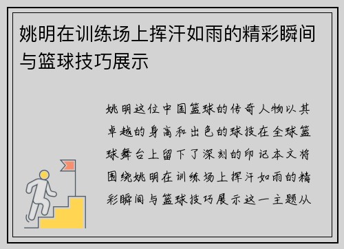 姚明在训练场上挥汗如雨的精彩瞬间与篮球技巧展示