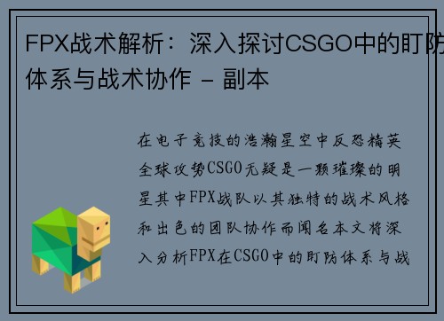 FPX战术解析：深入探讨CSGO中的盯防体系与战术协作 - 副本